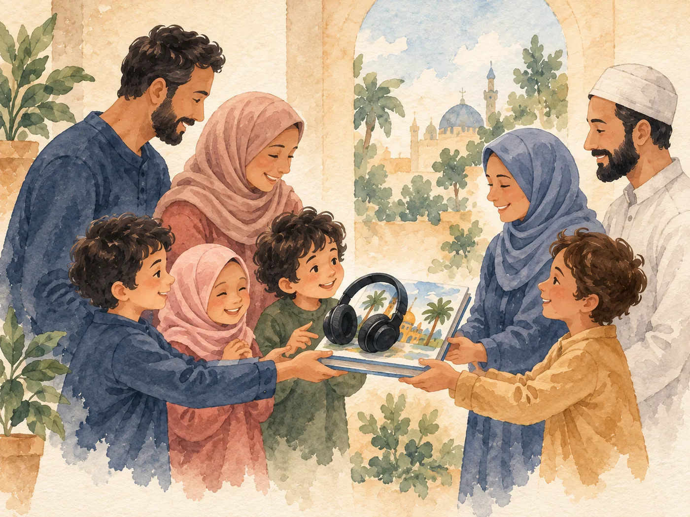 Zwei Familien teilen miteinander Kopfhörer und ein illustriertes Geschichtenbuch