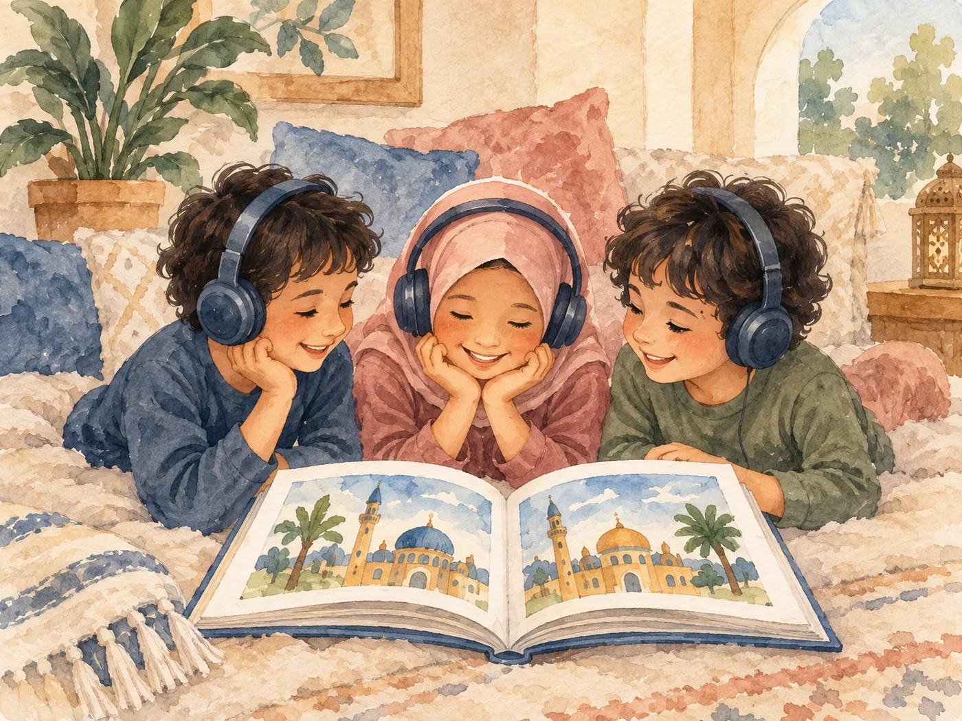 Drei Kinder hören gemeinsam eine Geschichte und betrachten ein illustriertes Buch