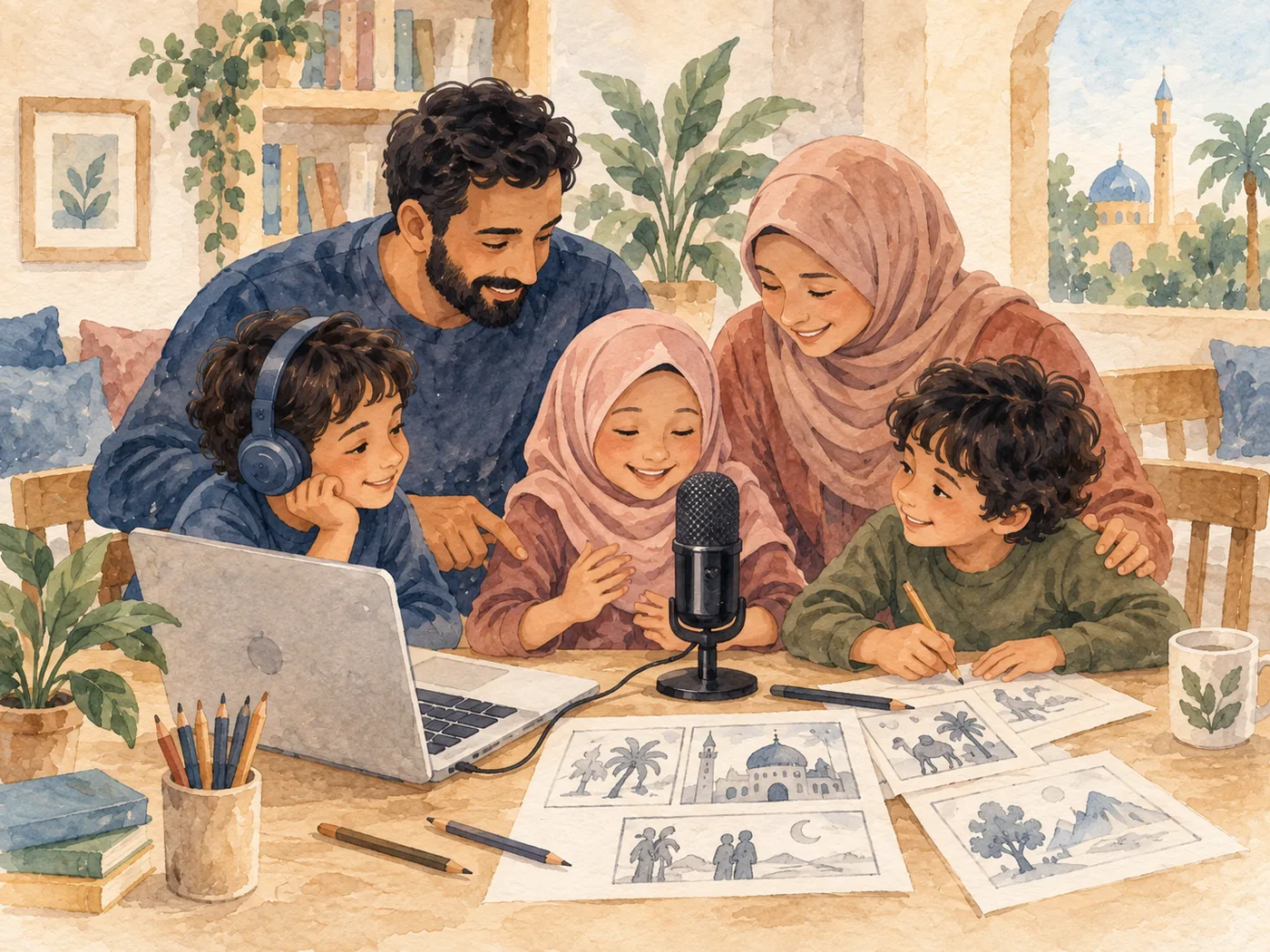 Eltern und drei Kinder entwickeln mit Mikrofon, Laptop und Zeichnungen ein Hörspiel