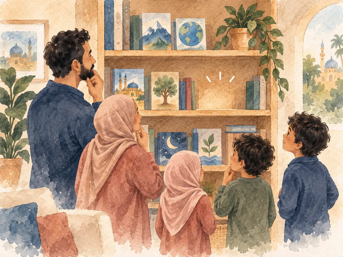 Eine Familie sucht gemeinsam in einem Bücherregal nach passenden Geschichten