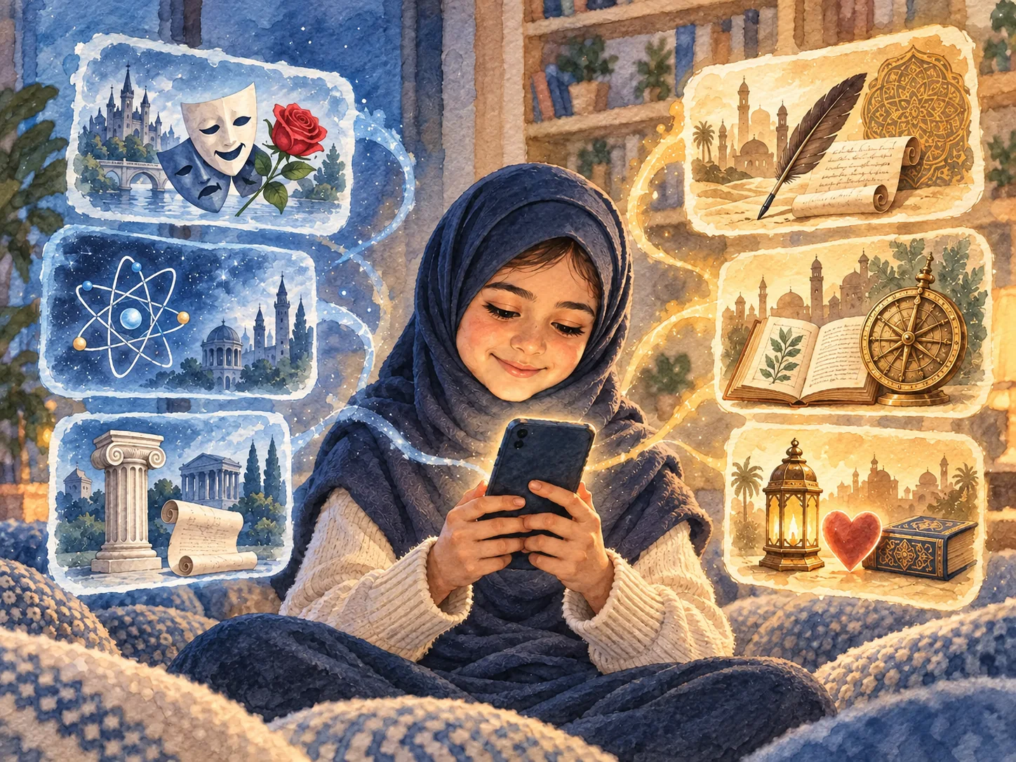 Aquarellillustration: Ein Kind entdeckt auf einem Smartphone bekannte und islamische Vorbilder